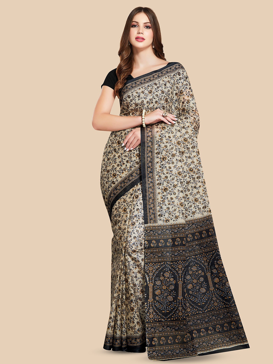 

Rani Saahiba Floral Printed Pure Cotton Saree, Black