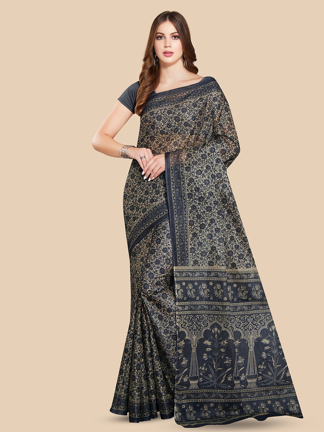 Rani Saahiba Floral Printed Pure Cotton Saree, Grey