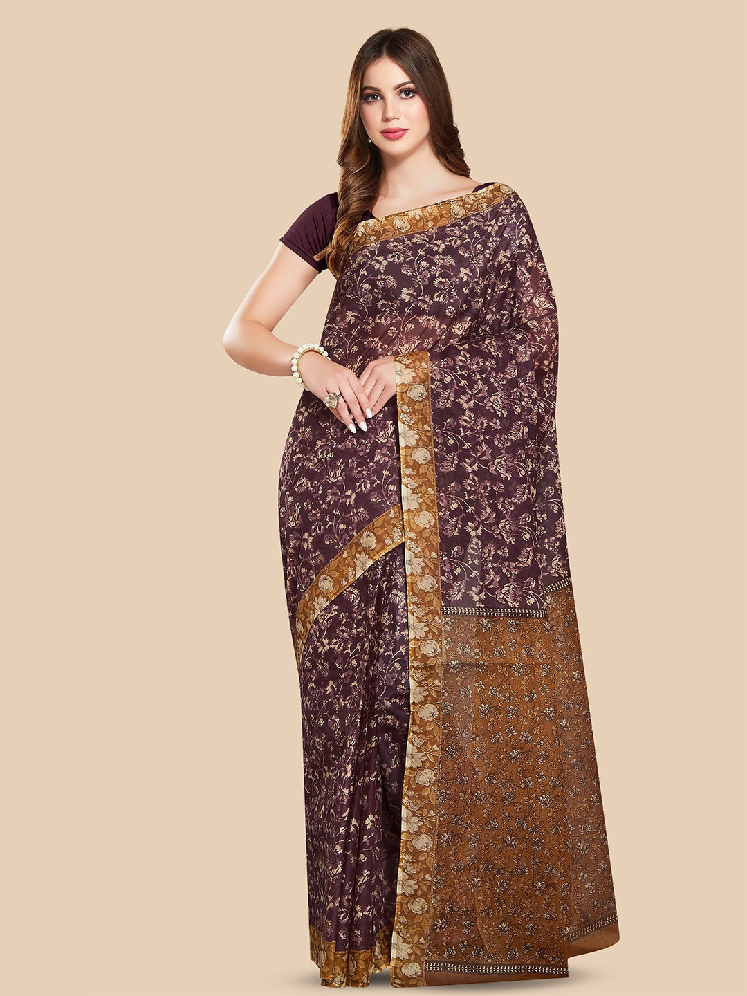 

Rani Saahiba Floral Printed Pure Cotton Saree, Maroon