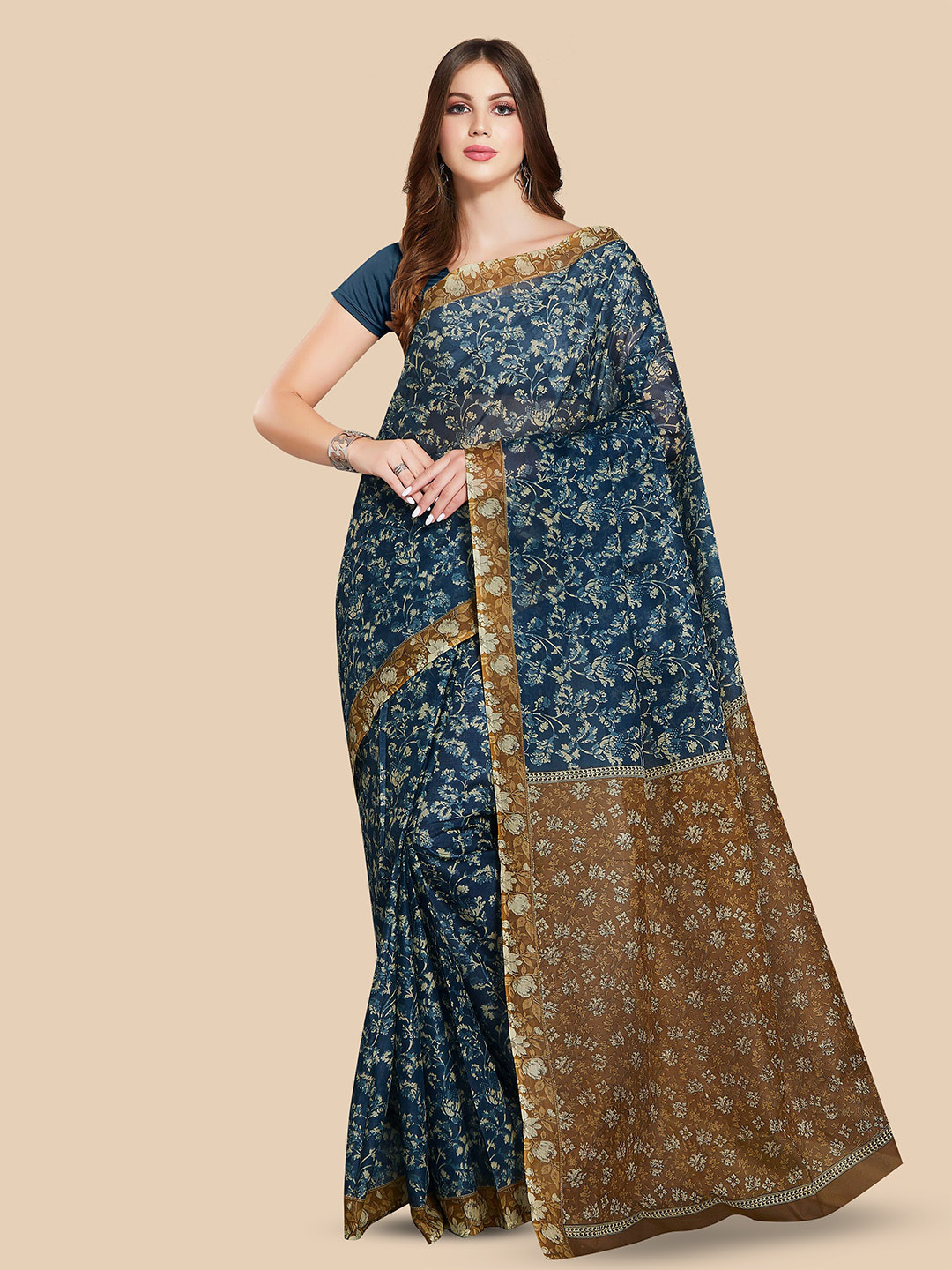 

Rani Saahiba Floral Printed Pure Cotton Saree, Blue