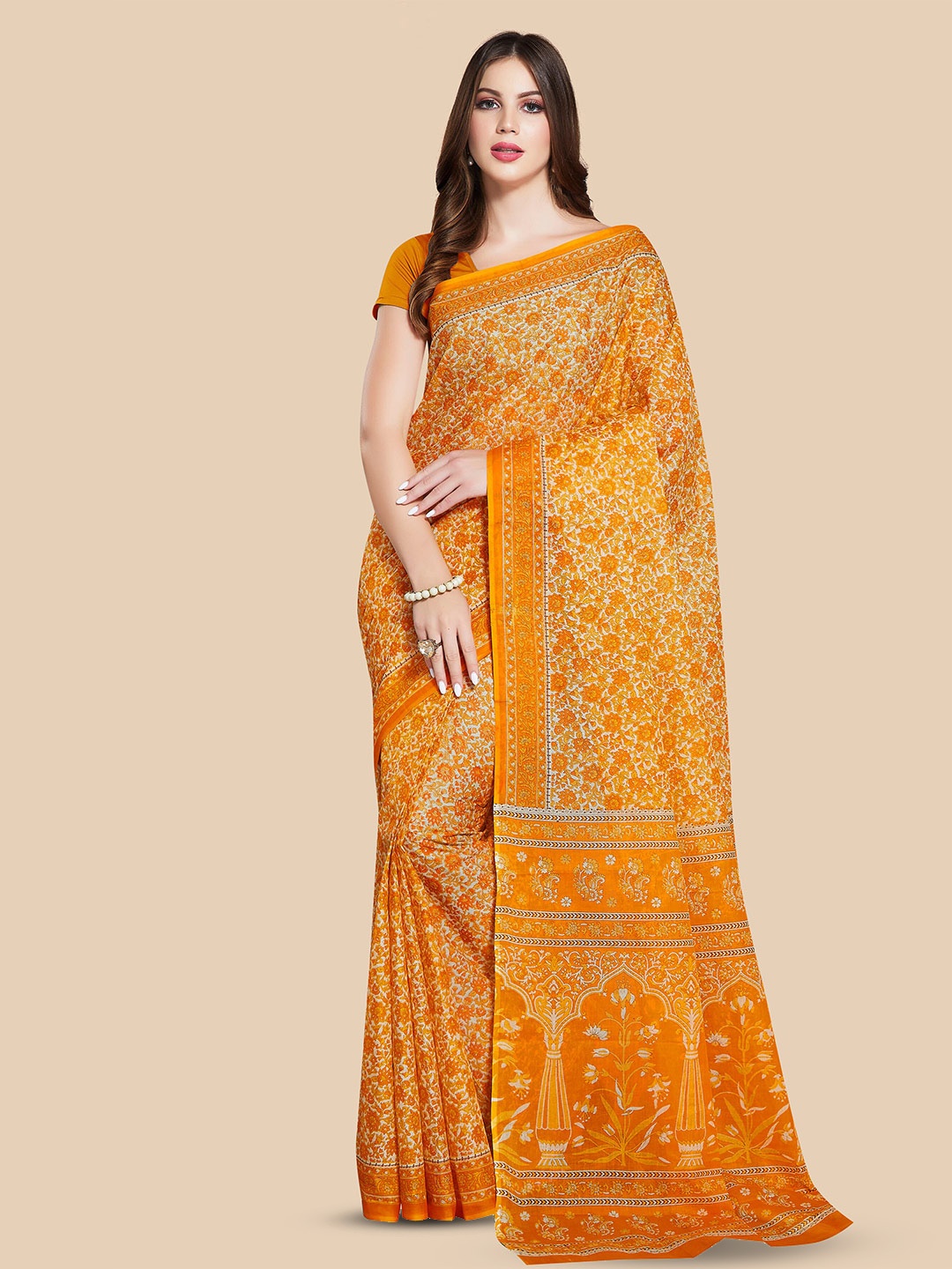 

Rani Saahiba Floral Printed Pure Cotton Saree, Orange