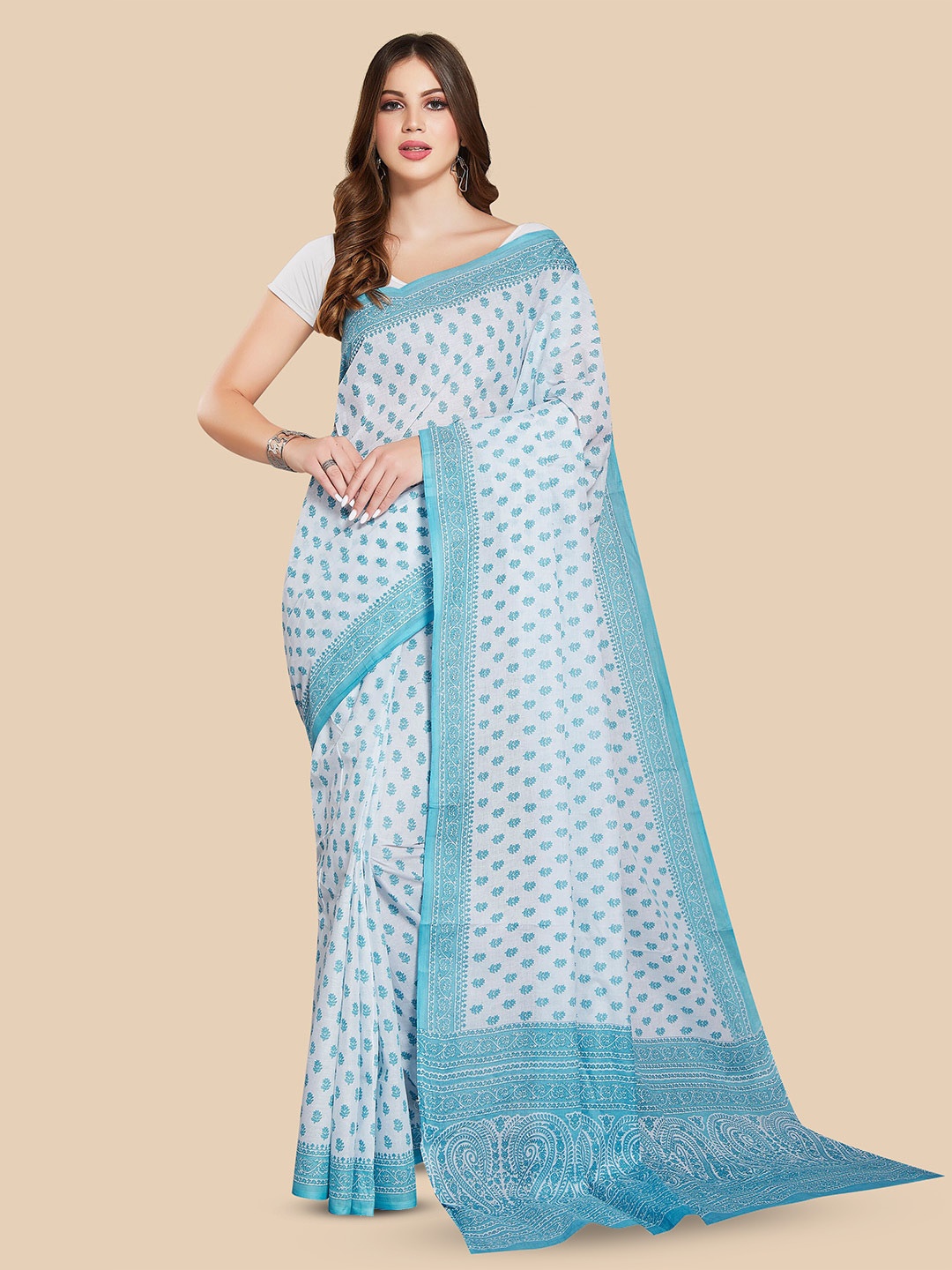 

Rani Saahiba Ethnic Motifs Printed Pure Cotton Block Print Saree, White