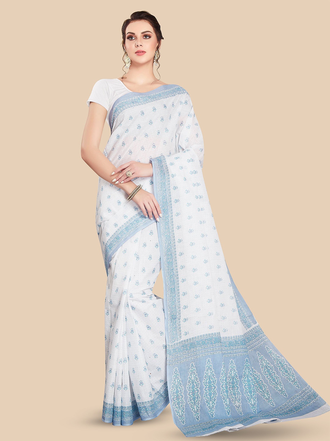 

Rani Saahiba Ethnic Motifs Printed Pure Cotton Block Print Saree, White
