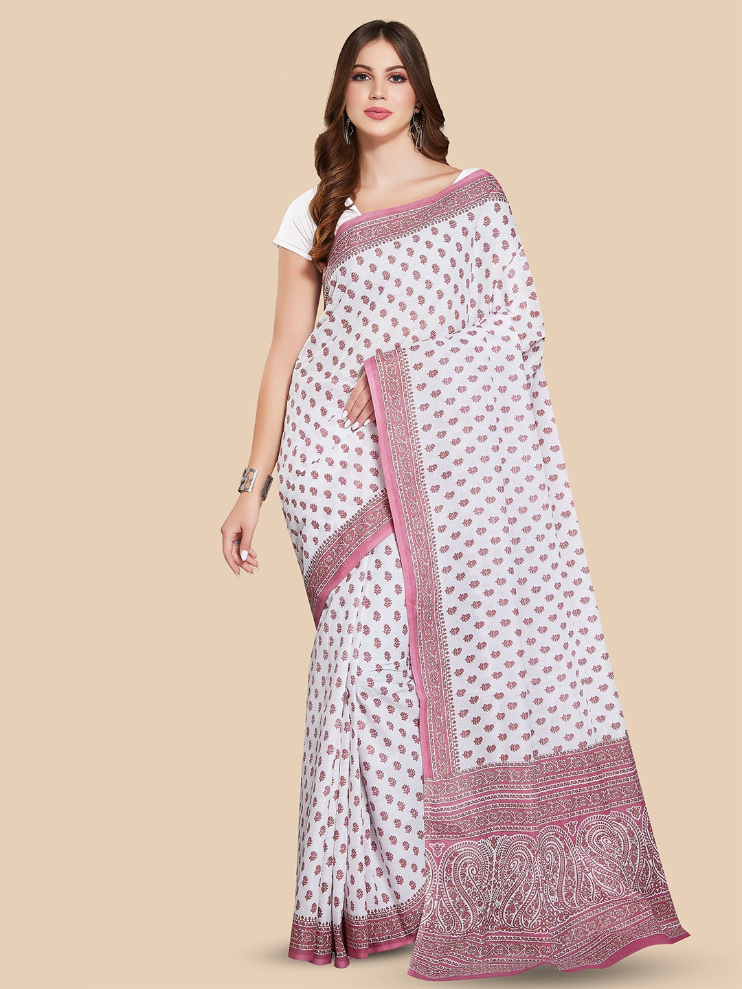 

Rani Saahiba Ethnic Motifs Printed Pure Cotton Block Print Saree, White