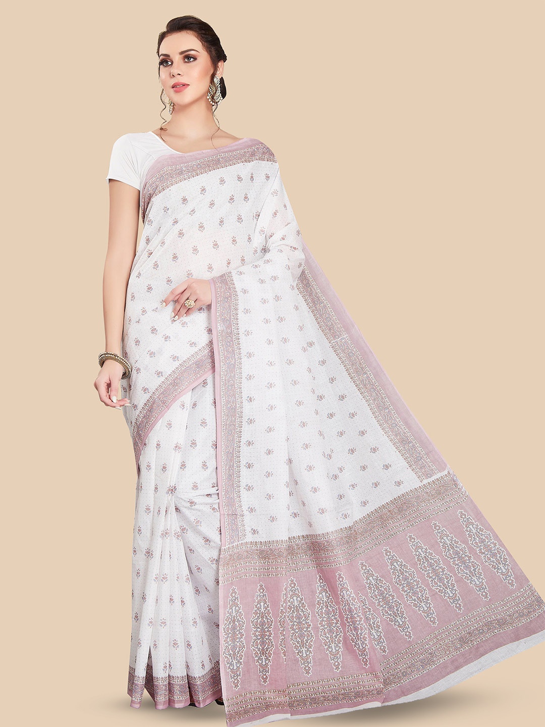 

Rani Saahiba Ethnic Motifs Printed Pure Cotton Block Print Saree, White