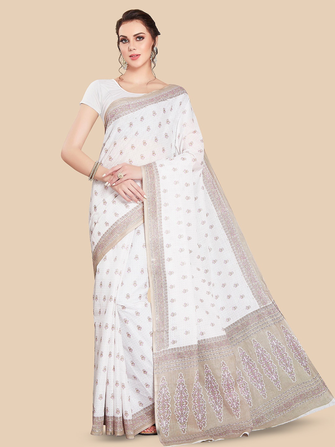 

Rani Saahiba Ethnic Motifs Printed Pure Cotton Block Print Saree, White