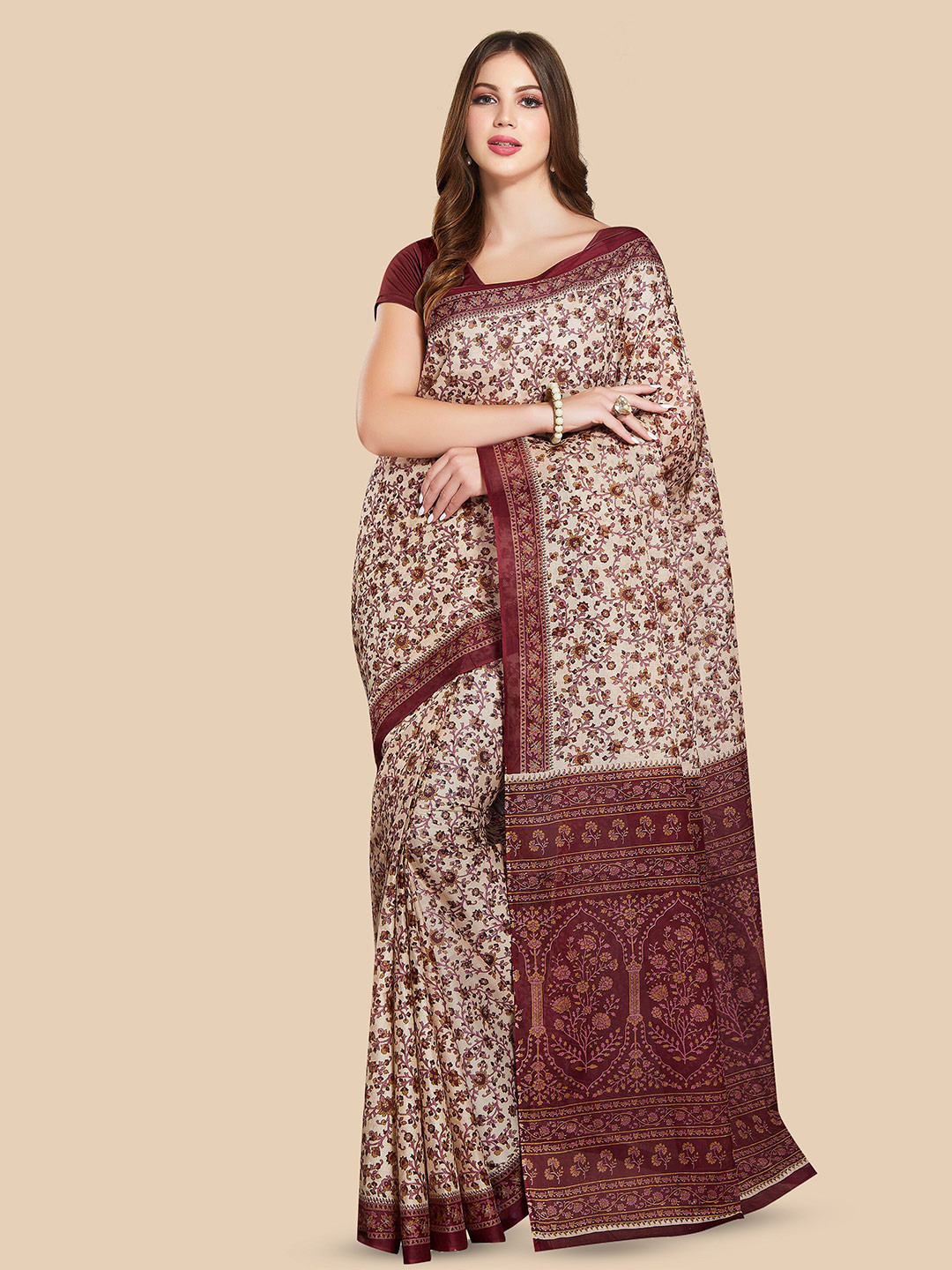 

Rani Saahiba Floral Printed Pure Cotton Block Print Saree, Red