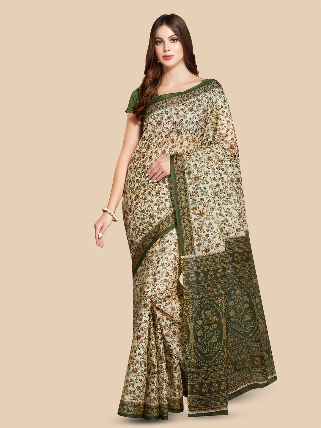

Rani Saahiba Floral Printed Pure Cotton Block Print Saree, Green