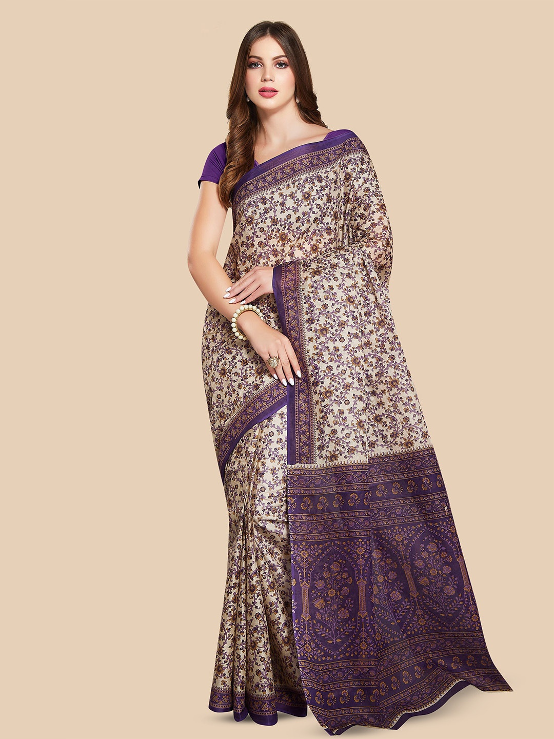 

Rani Saahiba Floral Printed Pure Cotton Block Print Saree, Purple