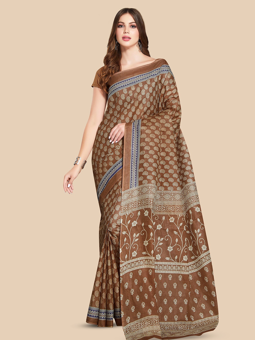 

Rani Saahiba Paisley Printed Pure Cotton Saree, Brown