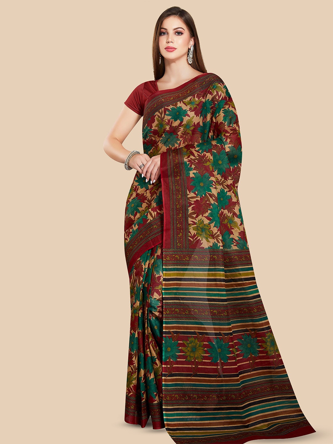 

Rani Saahiba Floral Block Printed Pure Cotton Saree, Beige