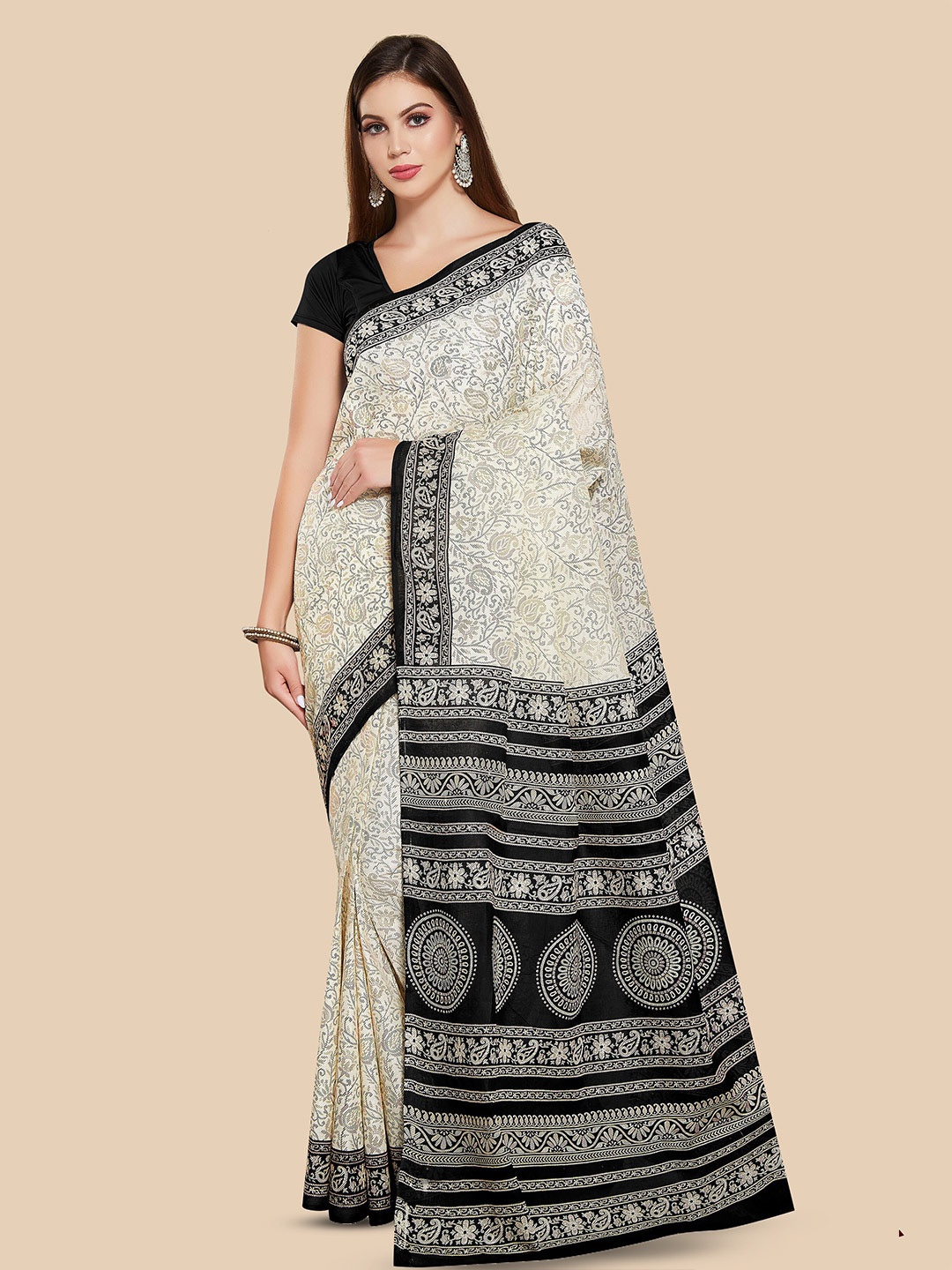 

Rani Saahiba Ethnic Motifs Printed Pure Cotton Saree, Cream