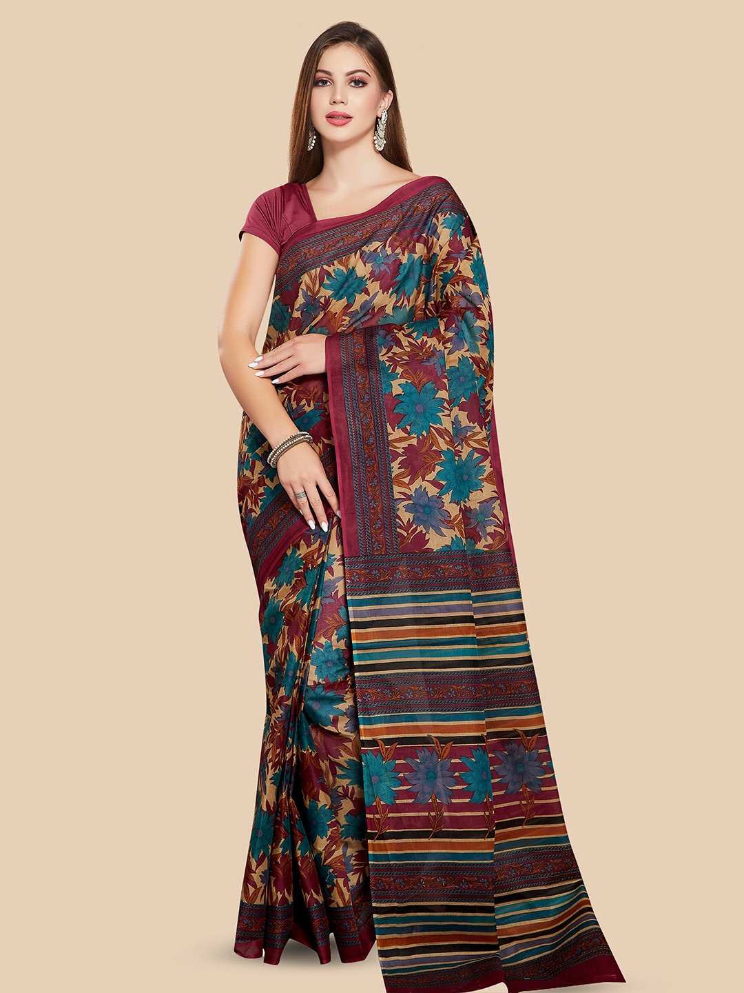 

Rani Saahiba Floral Printed Pure Cotton Saree, Maroon