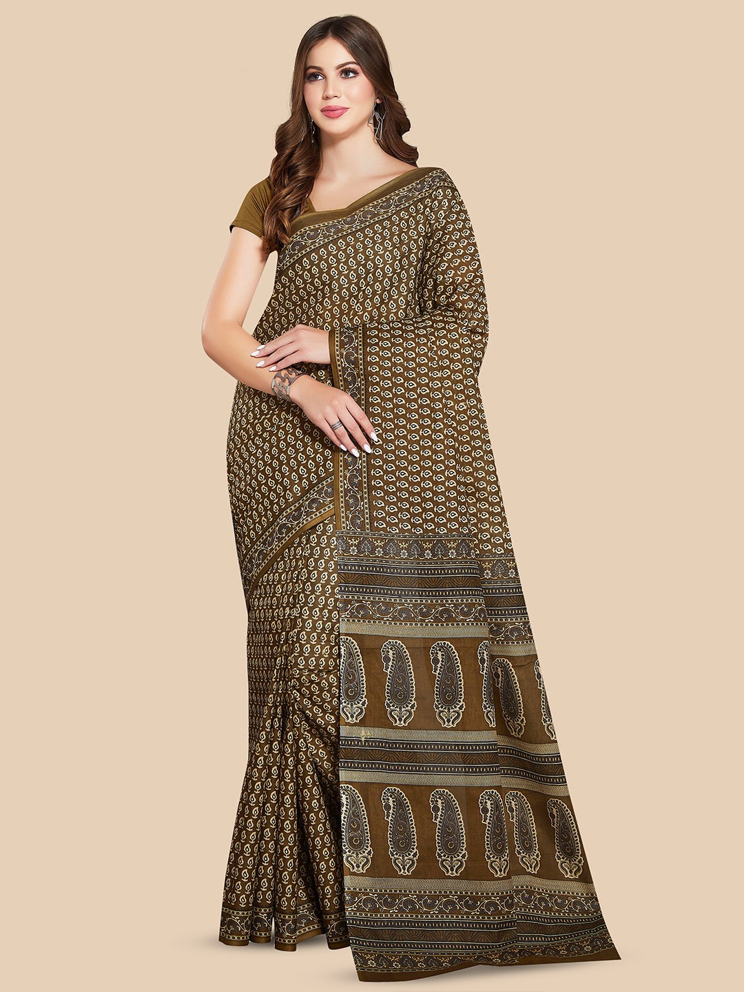 

Rani Saahiba Dabu Printed Pure Cotton Saree, Brown