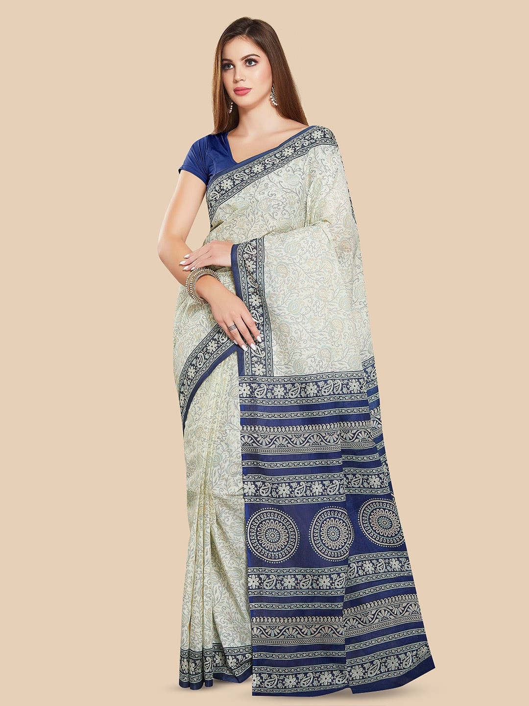 

Rani Saahiba Floral Block Printed Pure Cotton Saree, Off white