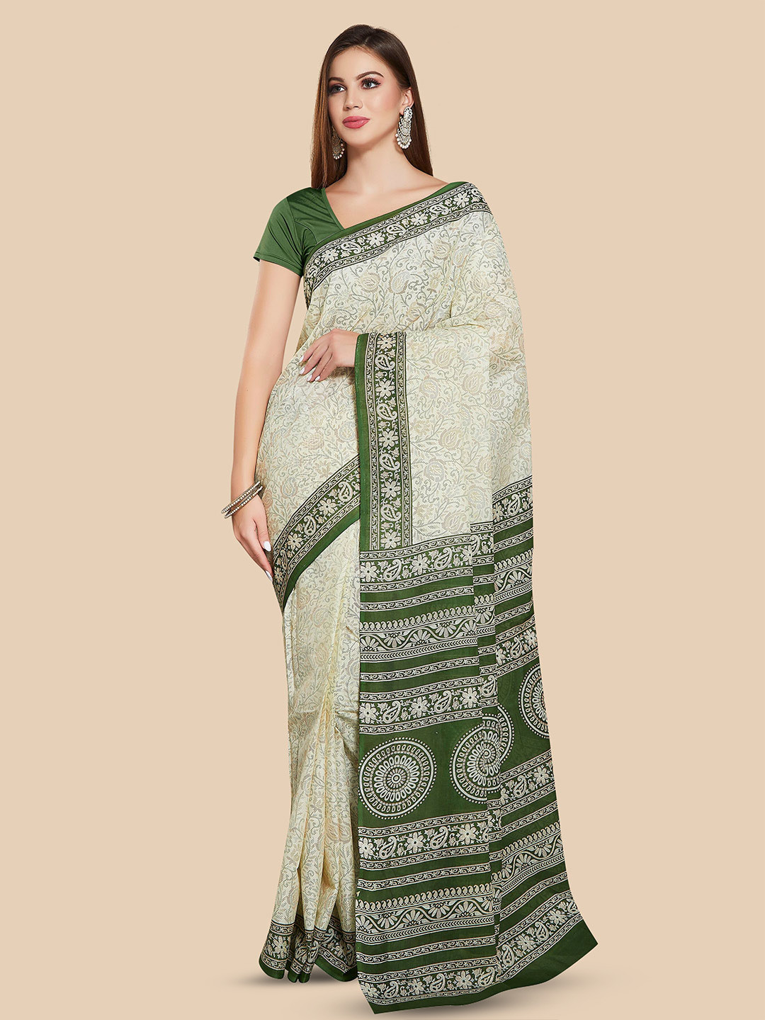 

Rani Saahiba Ethnic Motifs Block Printed Pure Cotton Saree, Off white