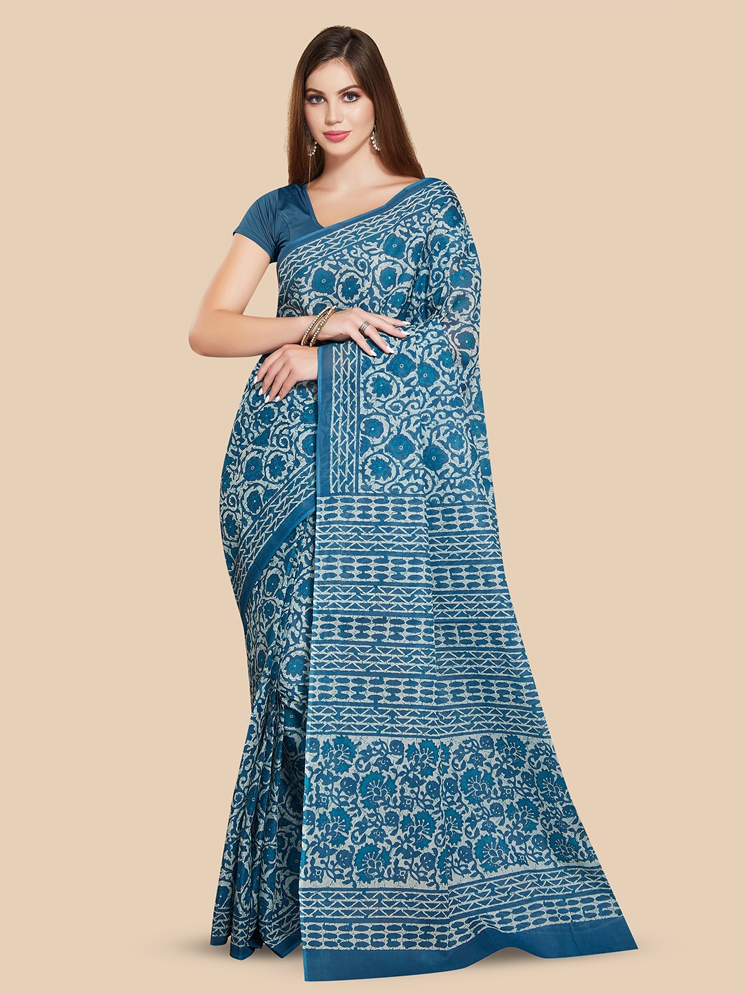 

Rani Saahiba Ethnic Motifs Printed Pure Cotton Saree, Blue