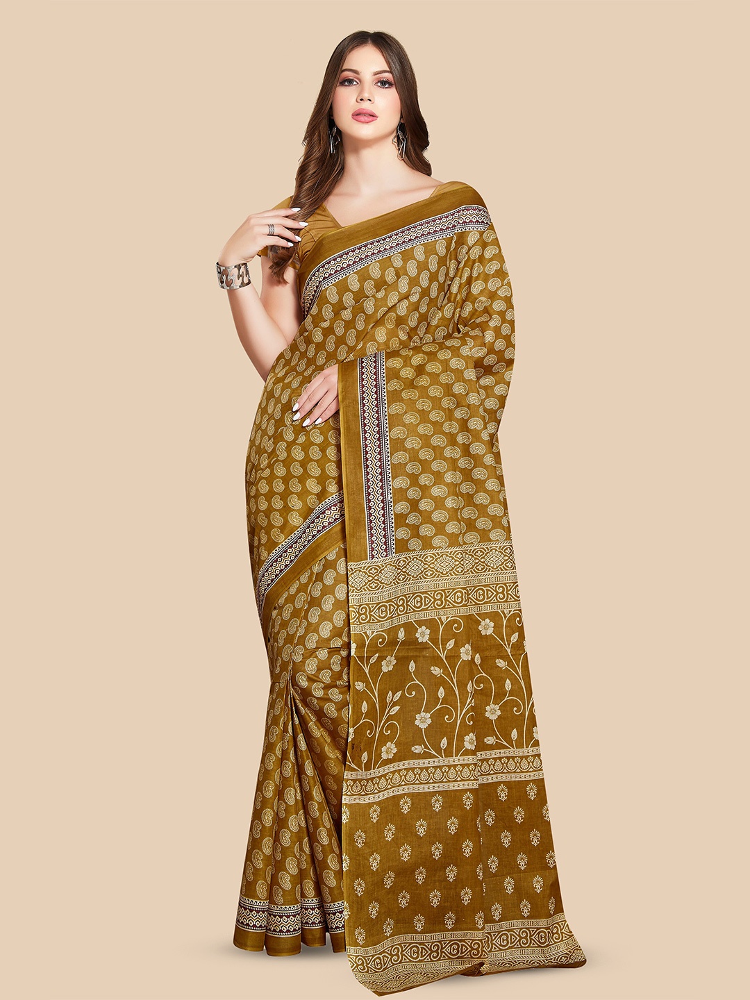 

Rani Saahiba Paisley Block Printed Pure Cotton Saree, Gold