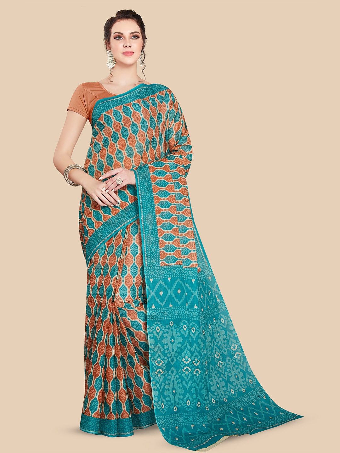 

Rani Saahiba Ethnic Motifs Printed Pure Cotton Saree, Turquoise blue
