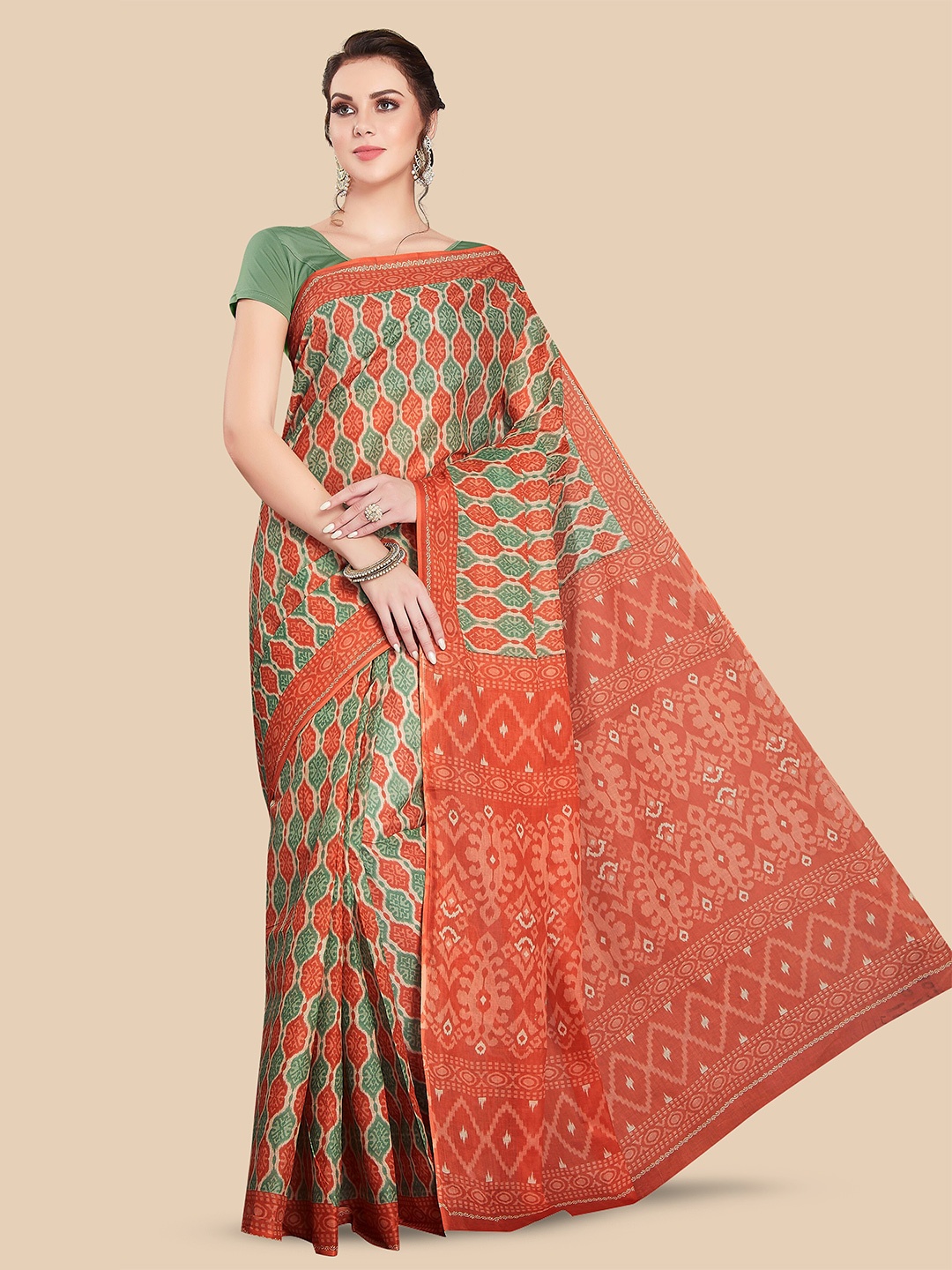 

Rani Saahiba Ethnic Motifs Printed Pure Cotton Sambalpuri Saree, Orange