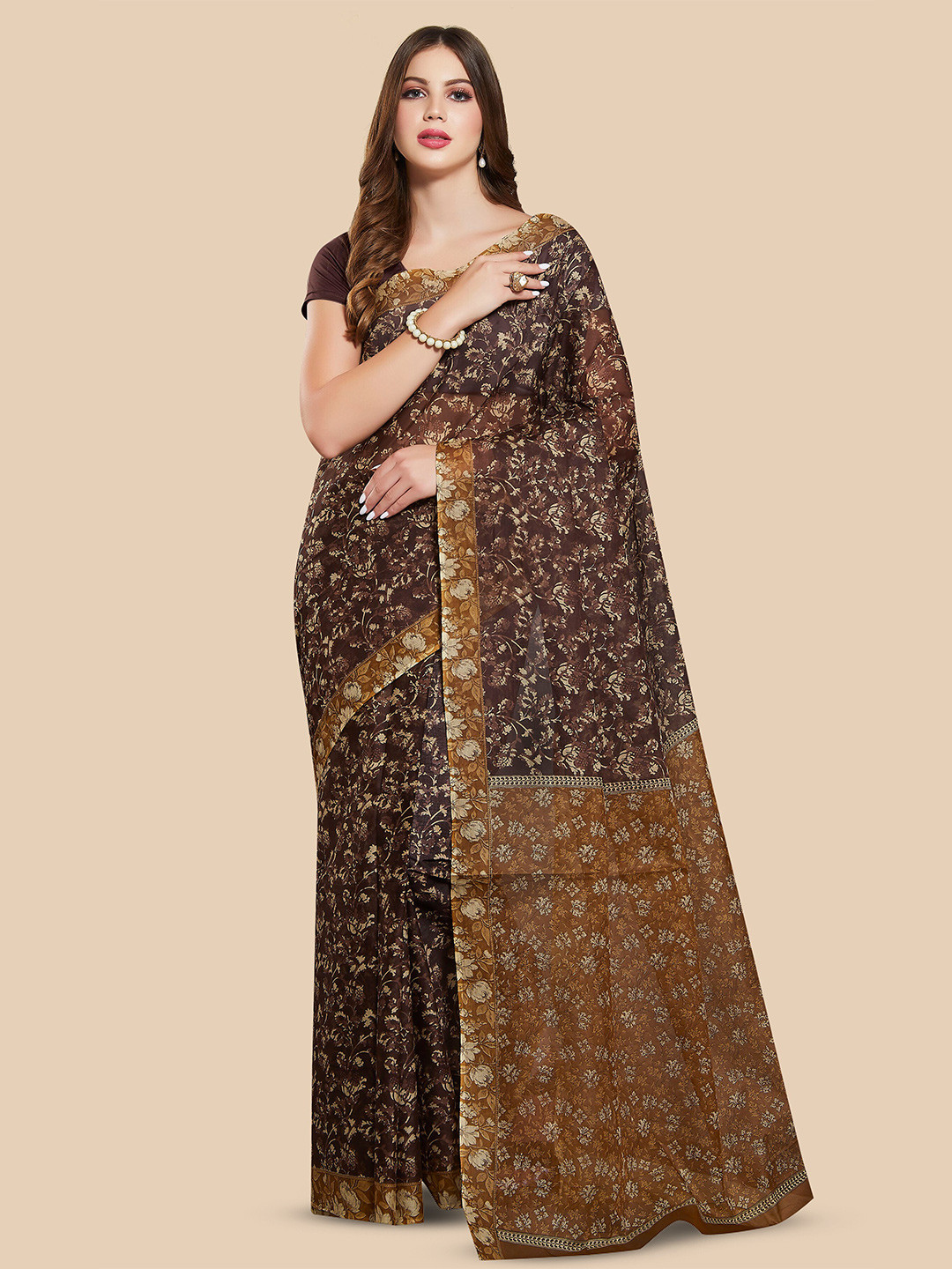 

Rani Saahiba Floral Printed Pure Cotton Saree, Brown