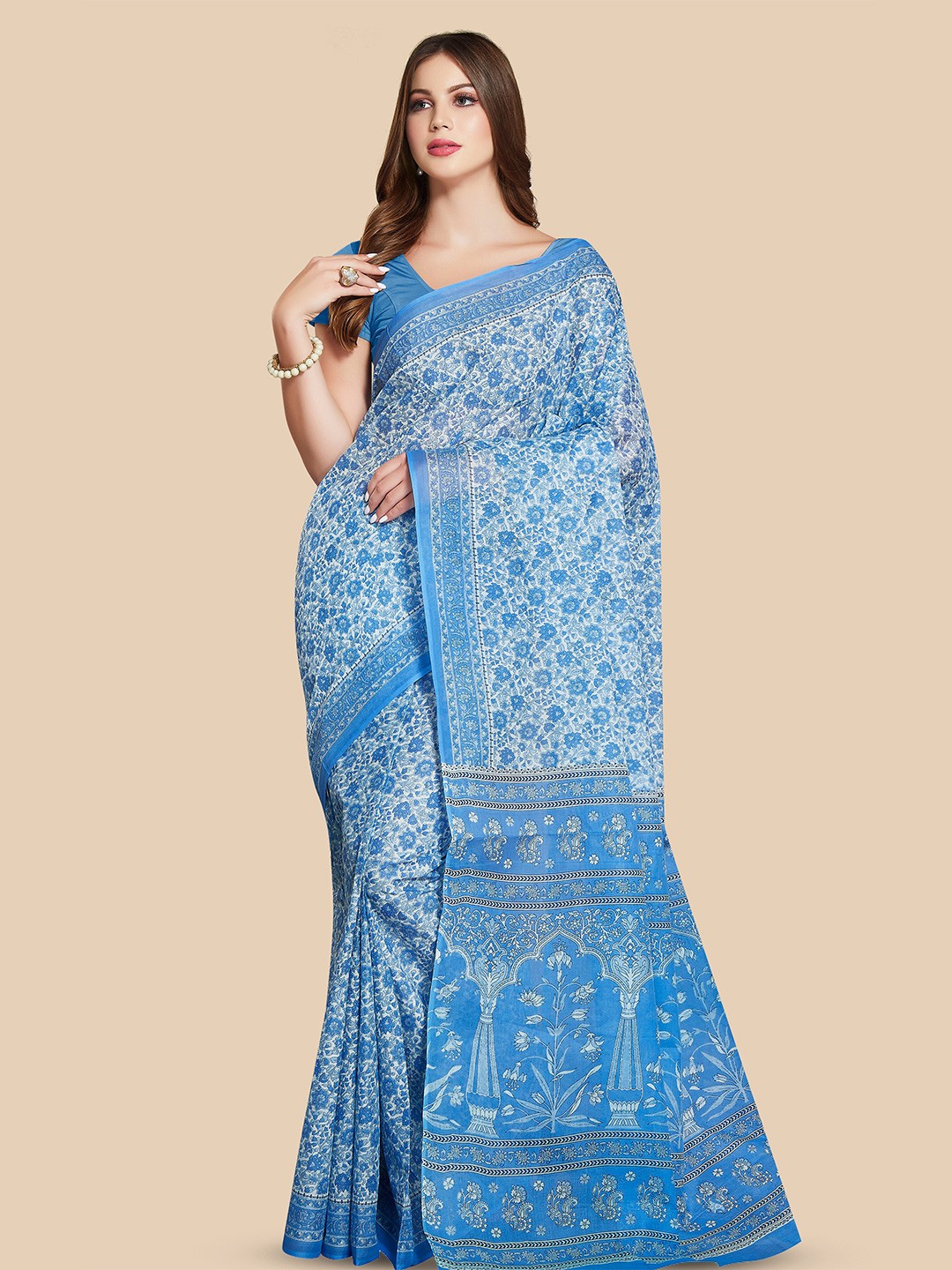 

Rani Saahiba Floral Pure Cotton Block Print Saree, Blue