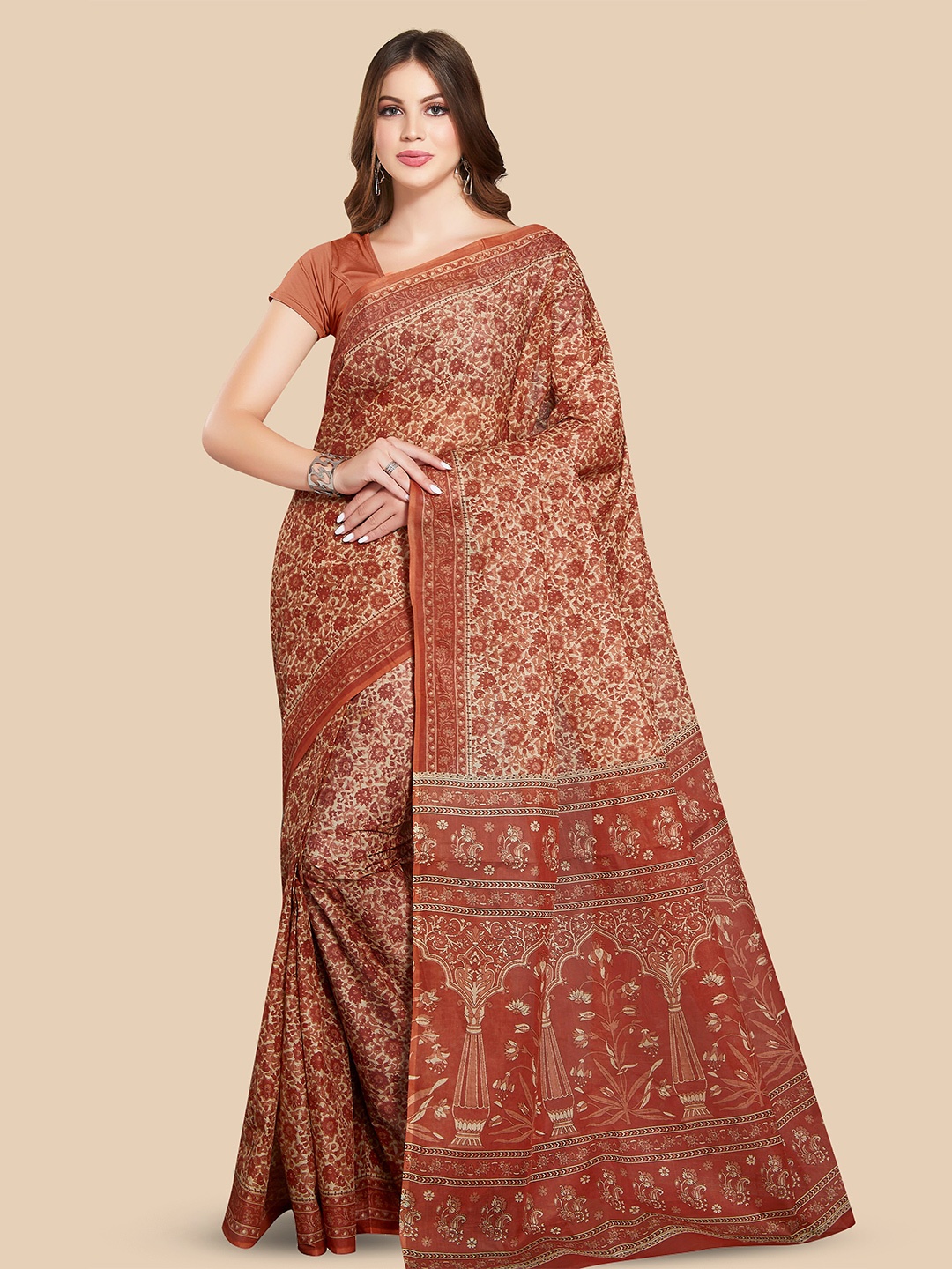 

Rani Saahiba Floral Printed Pure Cotton Saree, Orange