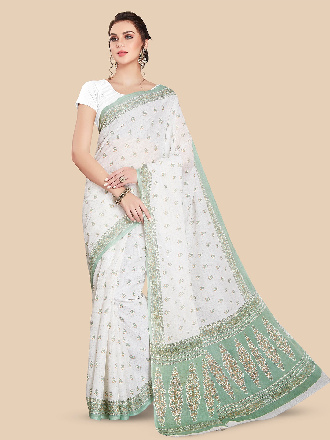 

Rani Saahiba Floral Printed Pure Cotton Saree, White