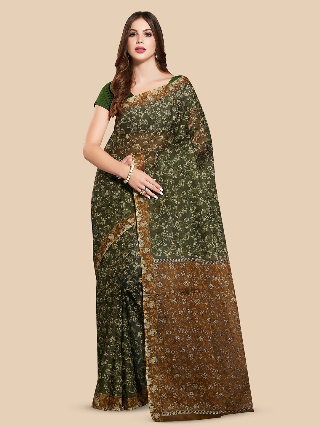 

Rani Saahiba Floral Printed Pure Cotton Saree, Green