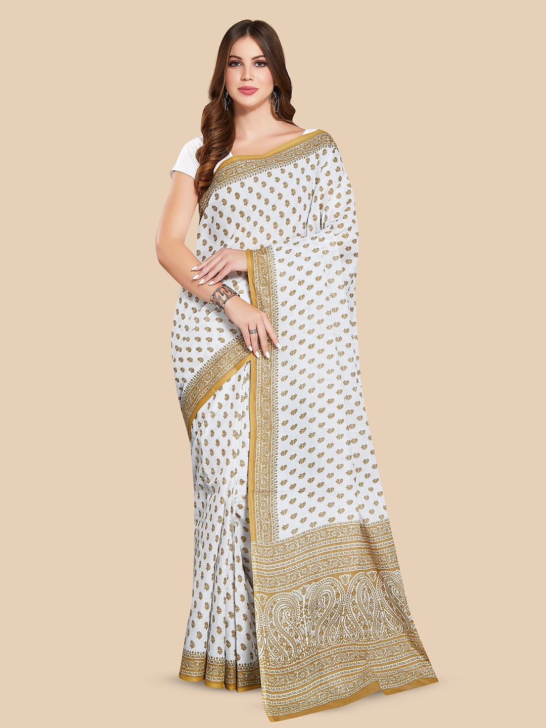 

Rani Saahiba Ethnic Motifs Printed Pure Cotton Saree, White