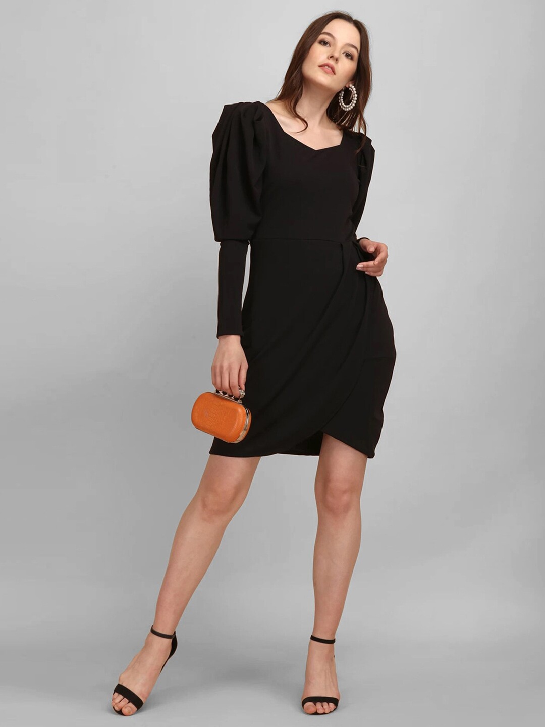 

Selvia V Neck Puff Sleeve Pleated Tulip Hemline Sheath Dress, Black