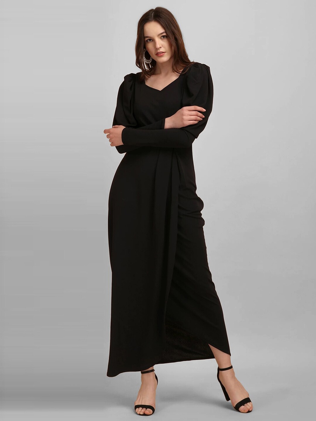 

Selvia V Neck Puff Sleeve Pleated Tulip Hemline Sheath Dress, Black