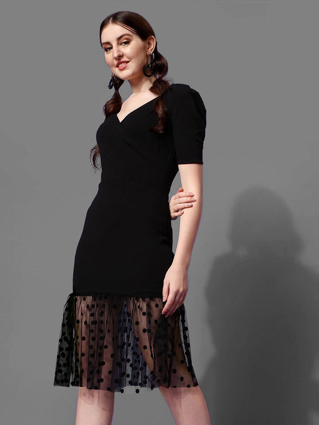 

Selvia V Neck Puff Sleeve Pleated Drop-Waist Dress, Black