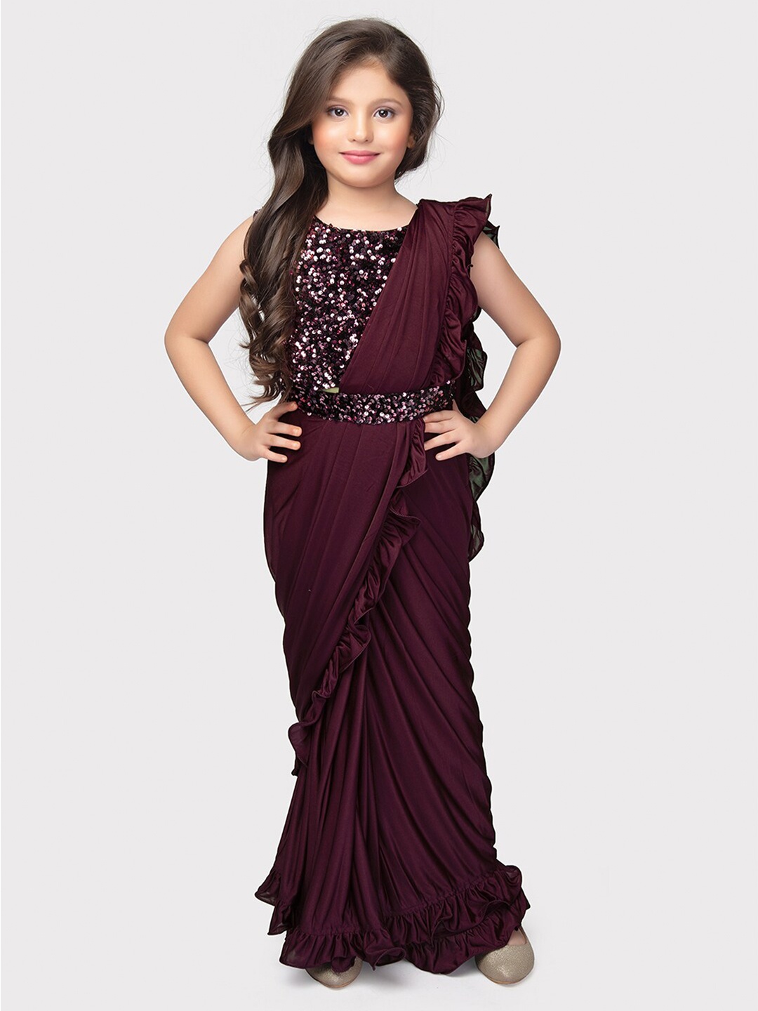 

BETTY Girls Poly Georgette Embellished Ready To Wear Saree With Blouse And Belt, Burgundy