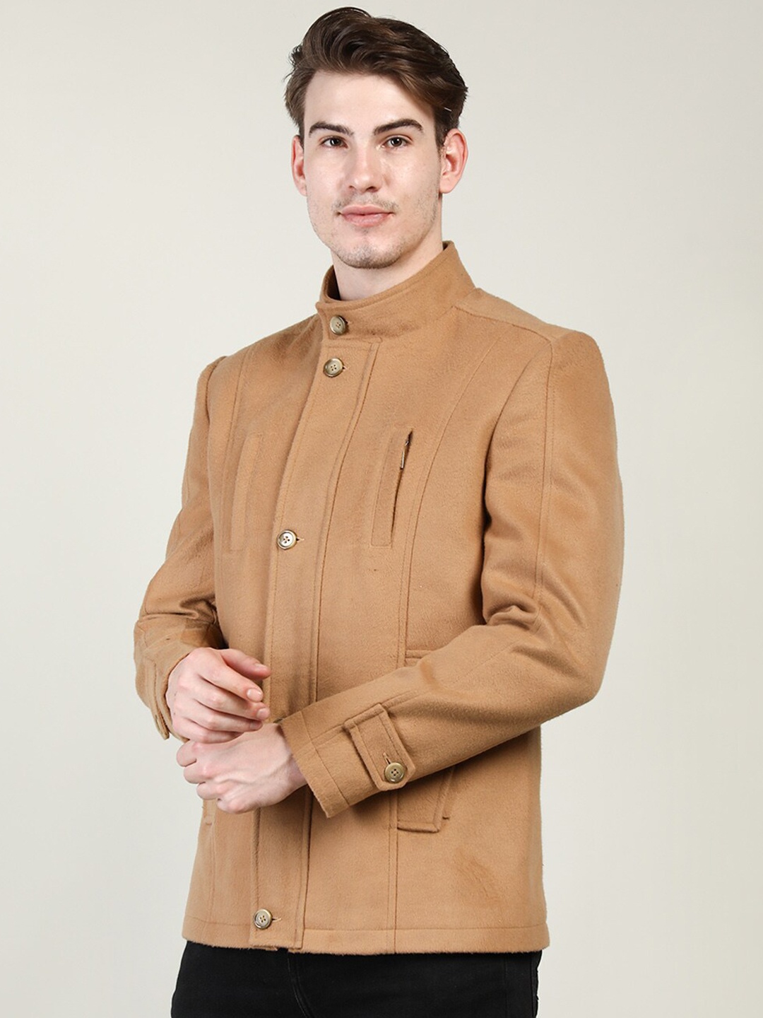 

CHKOKKO Stand Collar Regular Fit Pea Coat, Camel brown