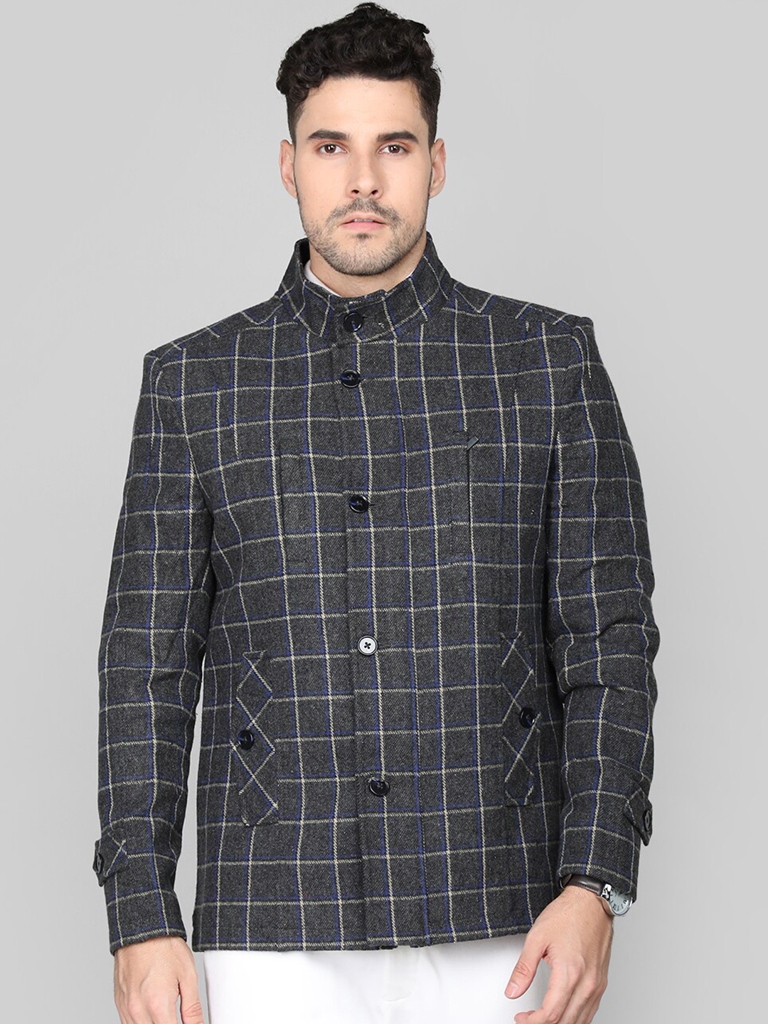 

CHKOKKO Checked Stand Collar Coat, Grey