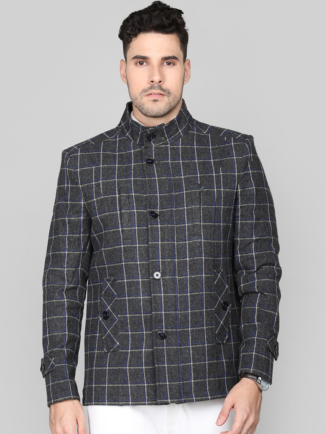

CHKOKKO Checked Stand Collar Pea Coat, Grey