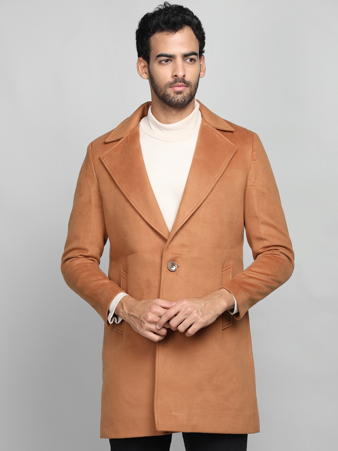 

CHKOKKO Notched Lapel Longline Single-Breasted Overcoat, Camel brown