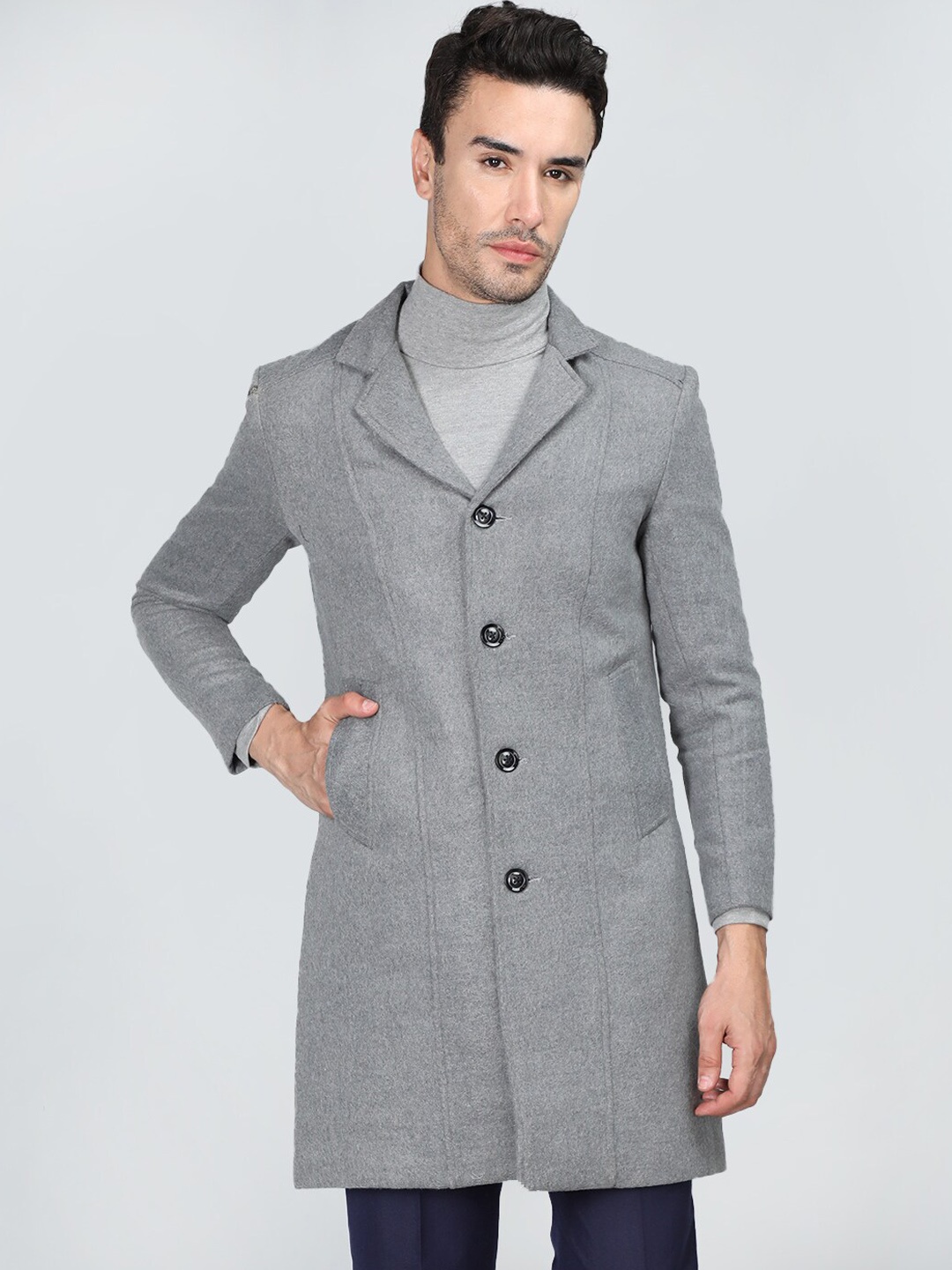 

CHKOKKO Notched Lapel Woollen Longline Overcoat, Grey