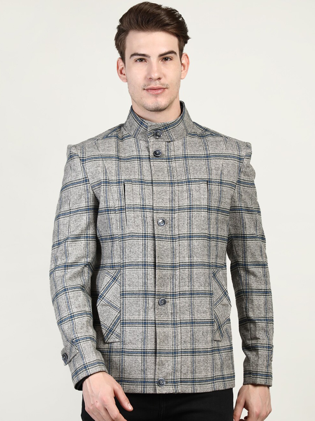 

CHKOKKO Checked Stand Collar Pea Coat, Grey