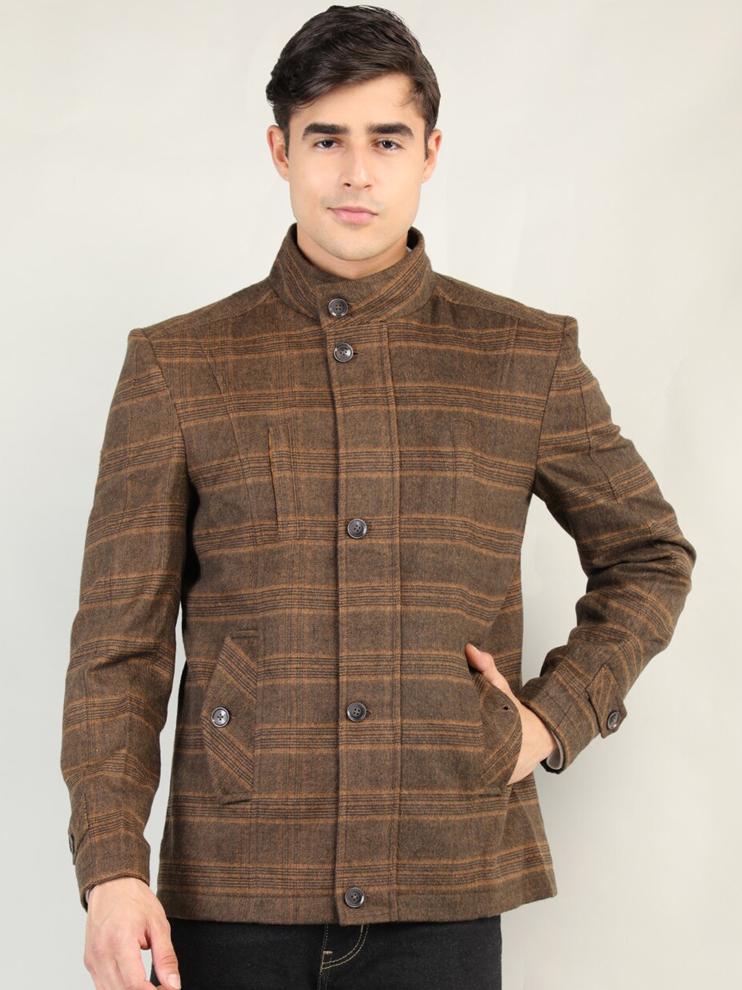 

CHKOKKO Checked Stand Collar Pea Coat, Brown