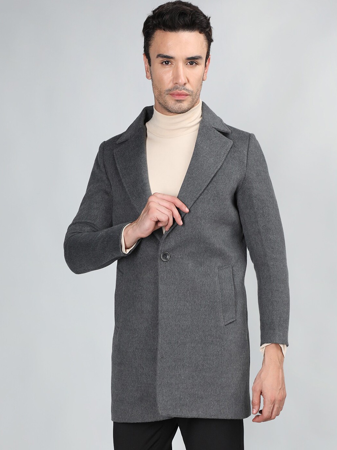 

CHKOKKO Notched Lapel Woollen Overcoat, Grey