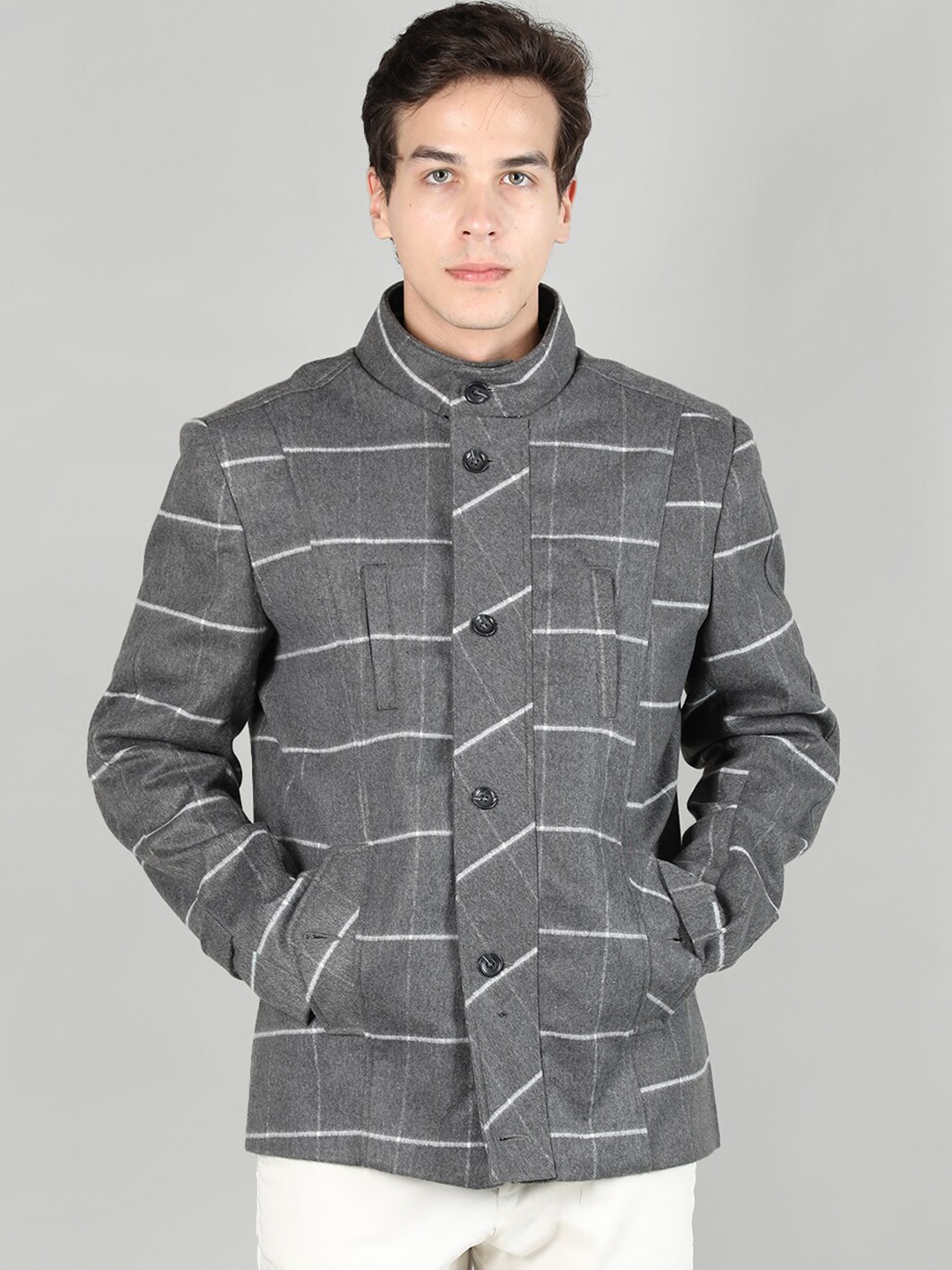 

CHKOKKO Stand Collar Checked Pea Coat, Grey