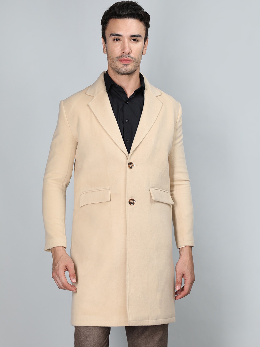 

CHKOKKO Notched Lapel Woollen Longline Overcoat, Beige