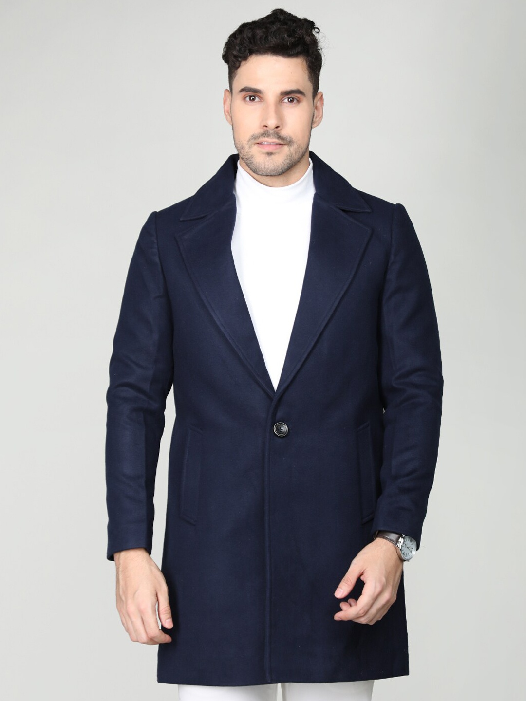 

CHKOKKO Notched Lapel Single-Breasted Wool Overcoat, Navy blue