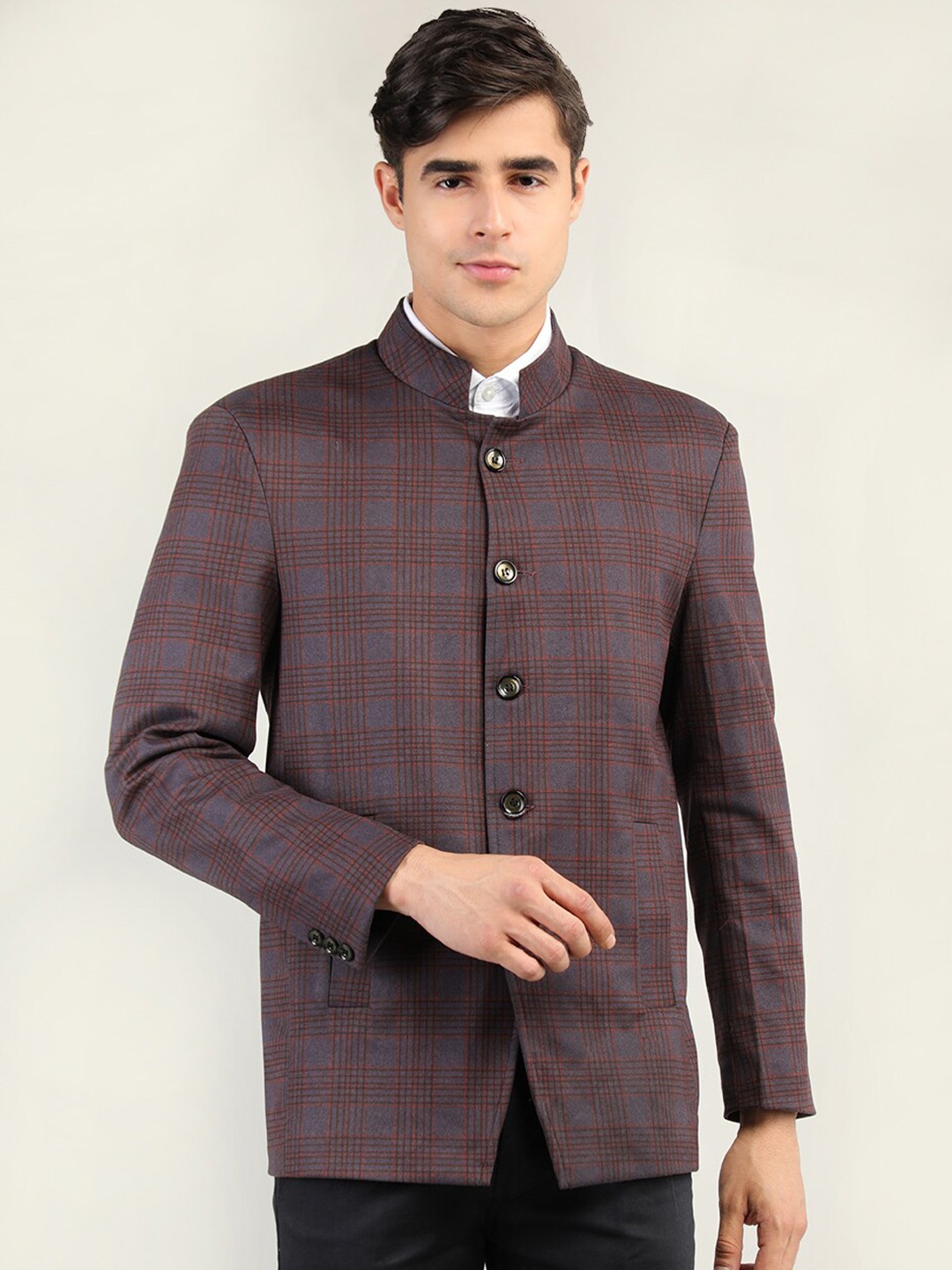 

CHKOKKO Checked Stand Collar Overcoat, Maroon