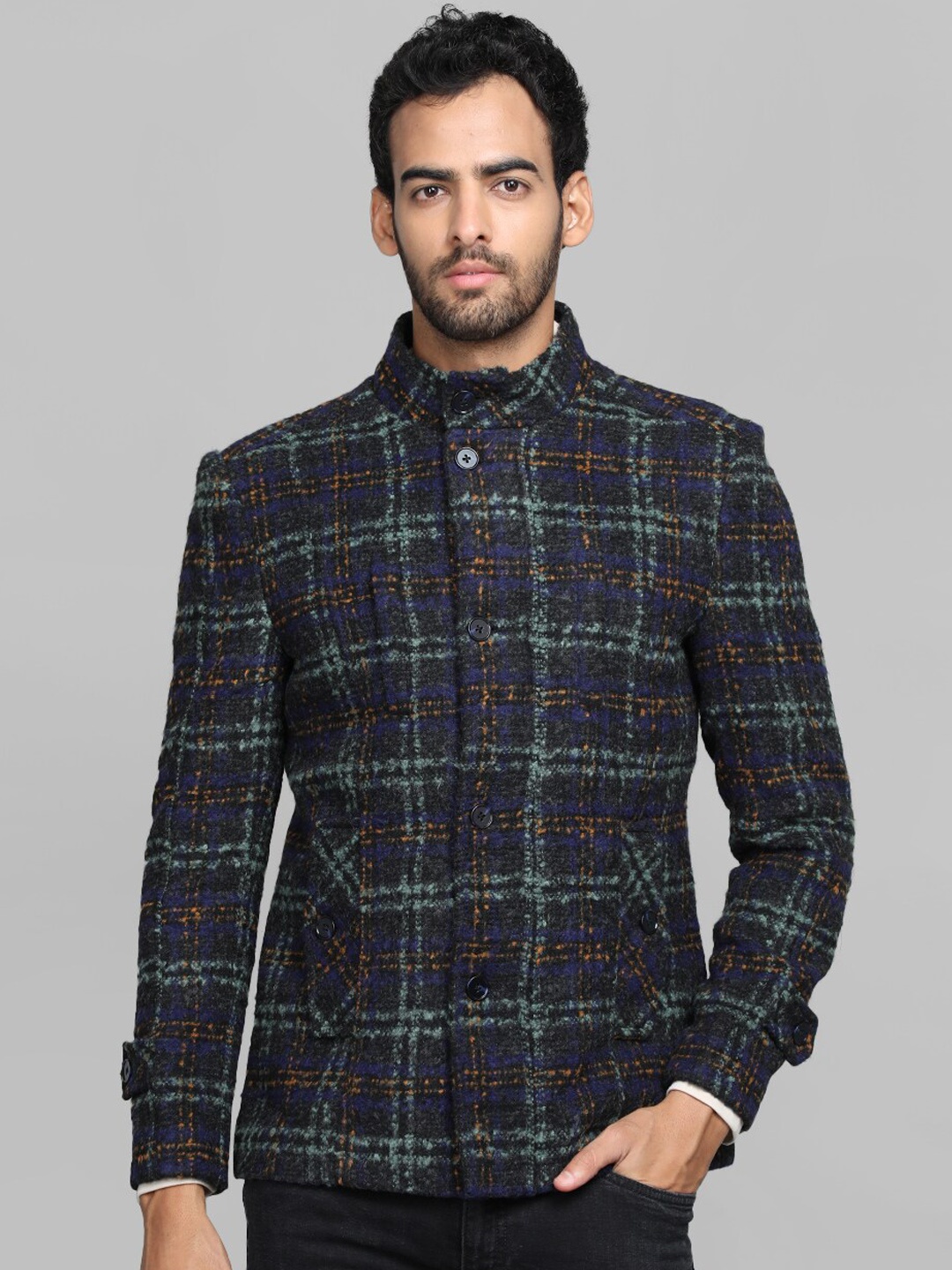 

CHKOKKO Checked Stand Collar Woollen Pea Coat, Blue
