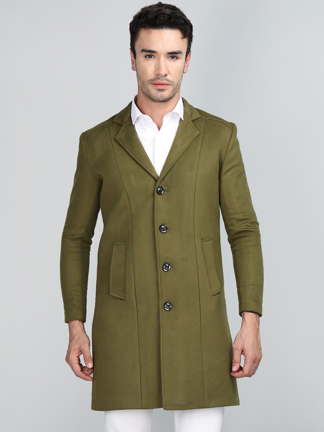 

CHKOKKO Single Breasted Longline Woollen Overcoat, Olive