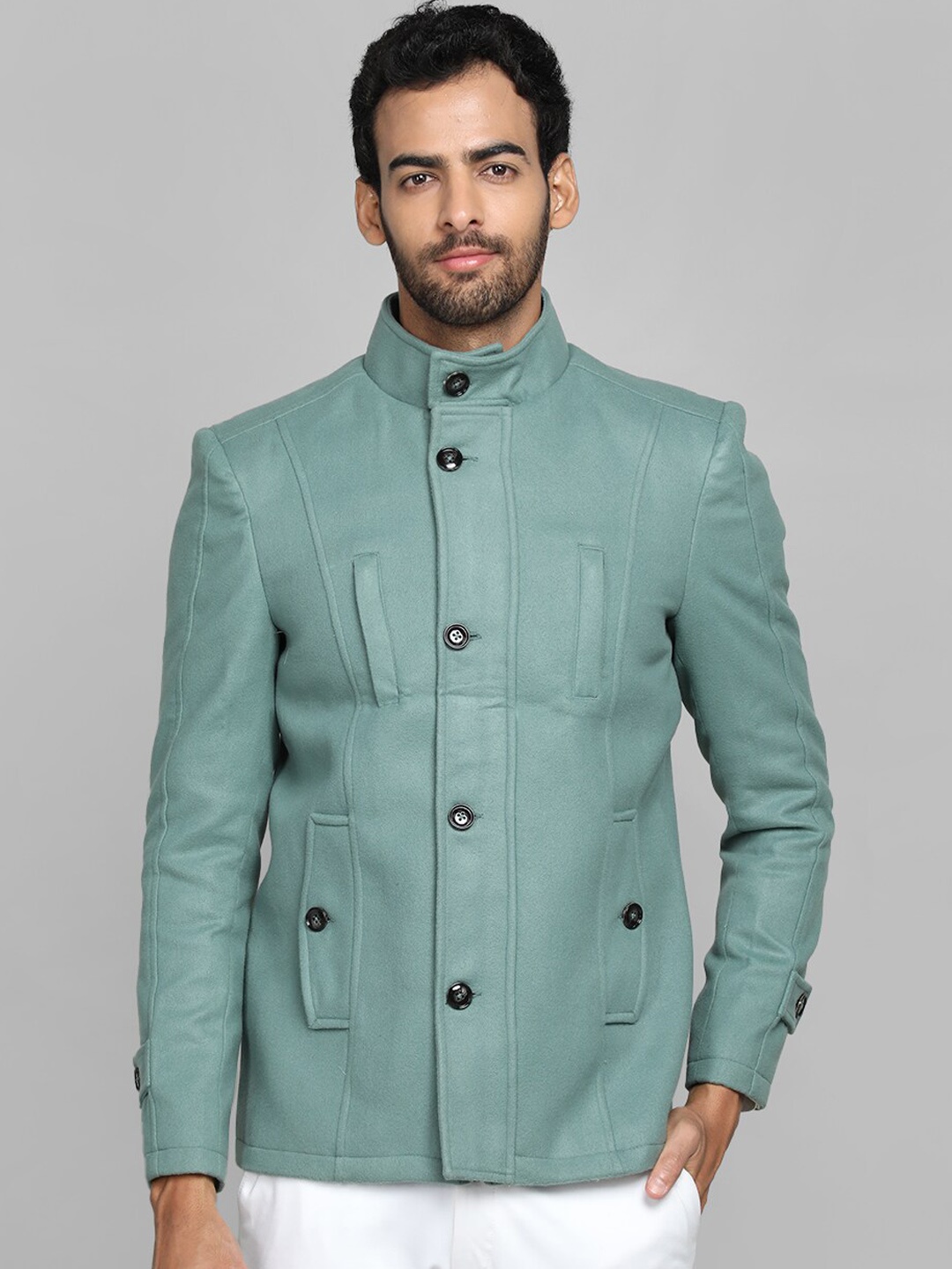 

CHKOKKO Stand Collar Woollen Pea Coat, Green