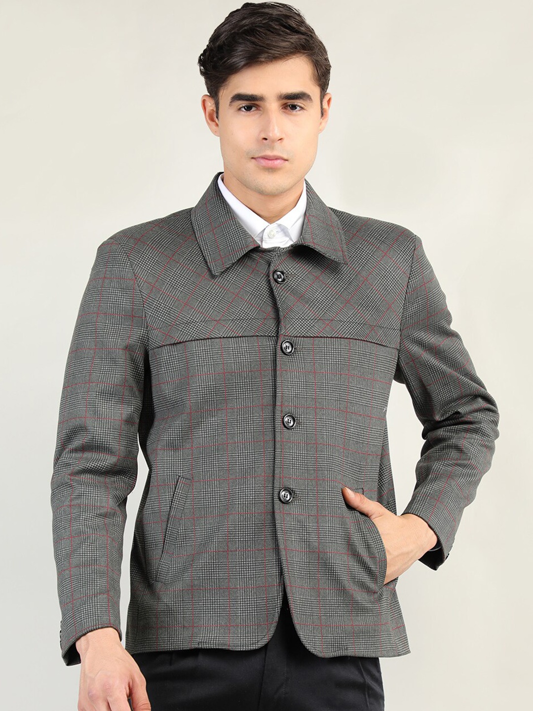 

CHKOKKO Checked Spread Collar Long Sleeve Overcoat, Grey